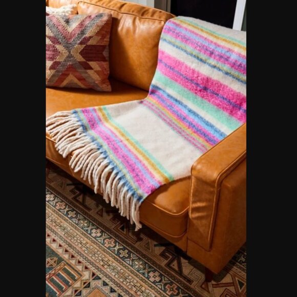 NWT FREE PEOPLE Skye Stripe Fringe Throw Blanket O/S 60’’ x 51” Ivory Multi - Picture 2 of 5